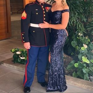 Navy Sequined Off-The-Shoulder Evening Dress